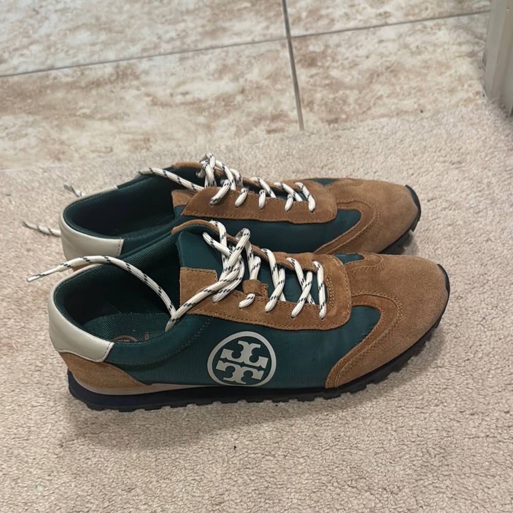 Tory Burch Green and Brown Sneakers with Suede Accents